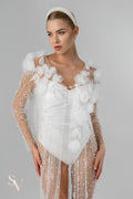 Ivory Chapel-Length Bridal Cape with Flowers and Pearls