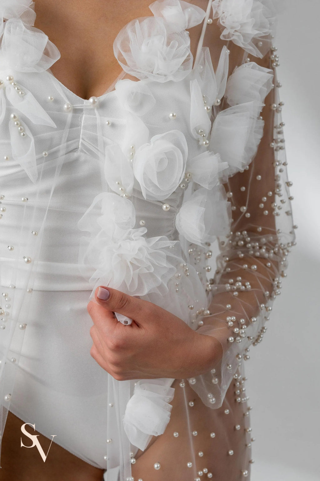 Ivory Chapel-Length Bridal Cape with Flowers and Pearls