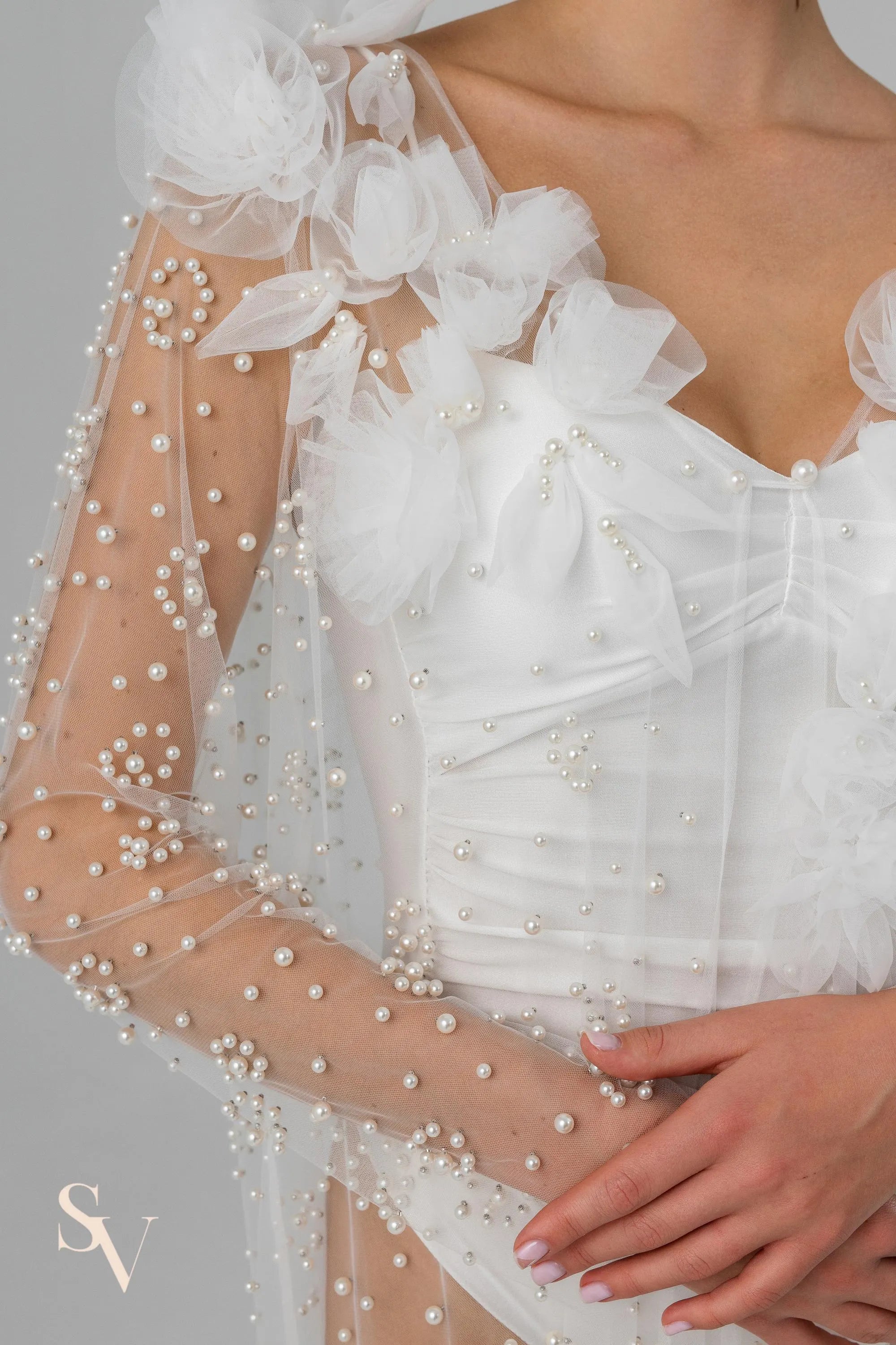 Ivory Chapel-Length Bridal Cape with Flowers and Pearls