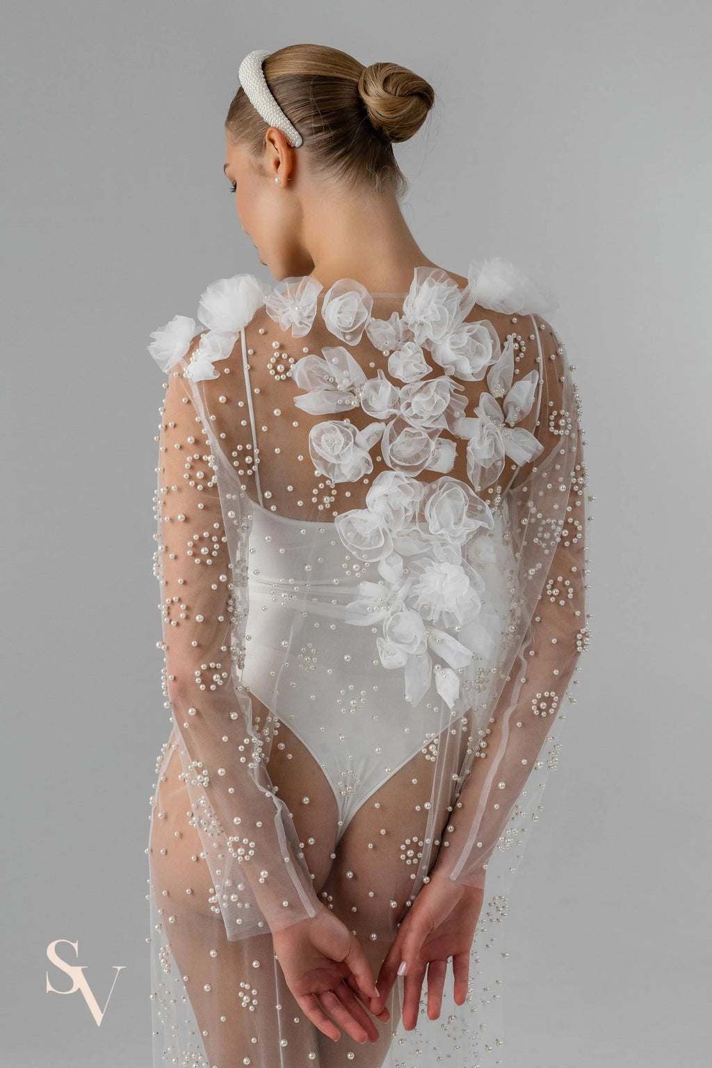 Ivory Chapel-Length Bridal Cape with Flowers and Pearls