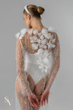 Ivory Chapel-Length Bridal Cape with Flowers and Pearls