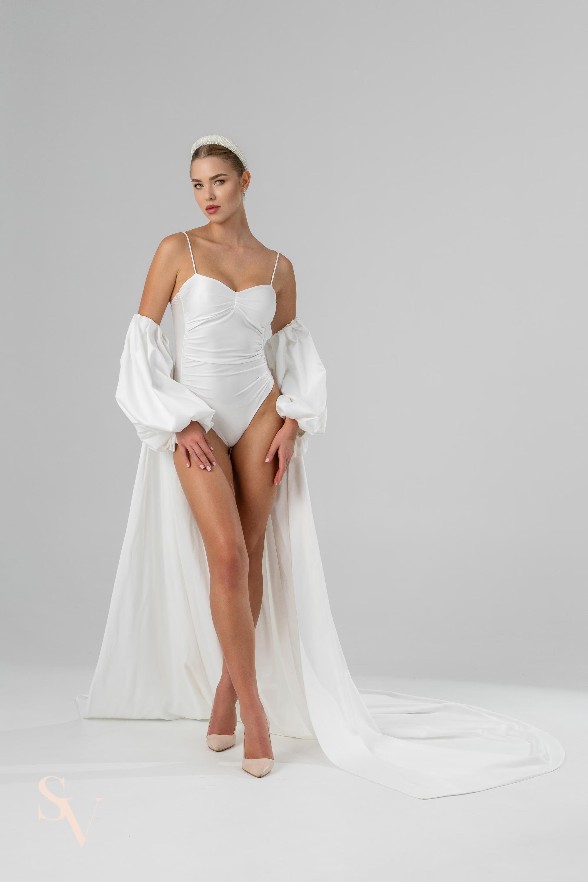 Ivory Floor-Length Bridal Cape with Sleeves