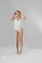 Ivory Chapel-Length Bridal Cape with Flowers and Pearls