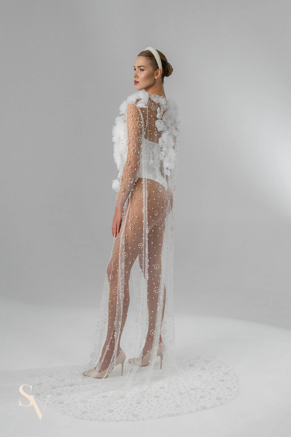 Ivory Chapel-Length Bridal Cape with Flowers and Pearls