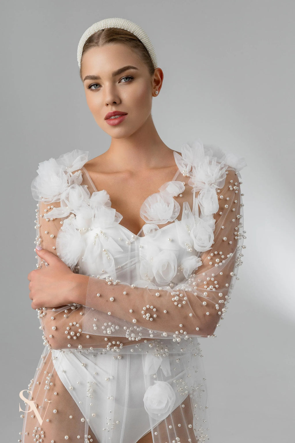 Ivory Chapel-Length Bridal Cape with Flowers and Pearls