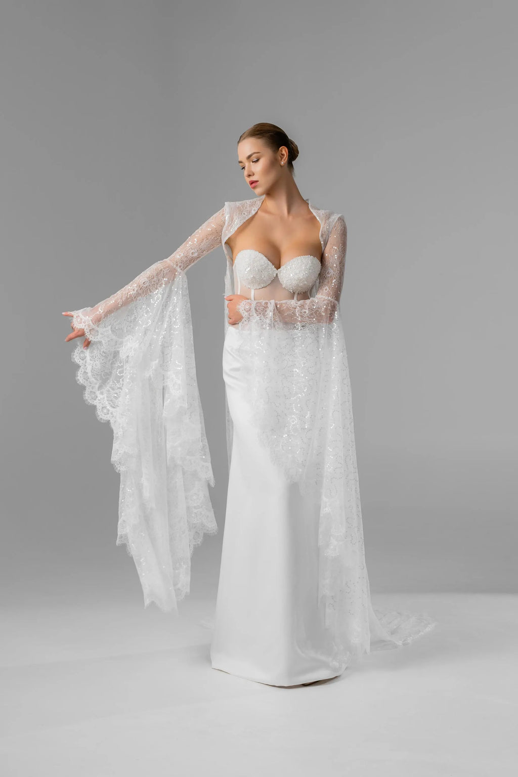 Milky  Chantilly Lace Bridal Cape with Snap Buttons