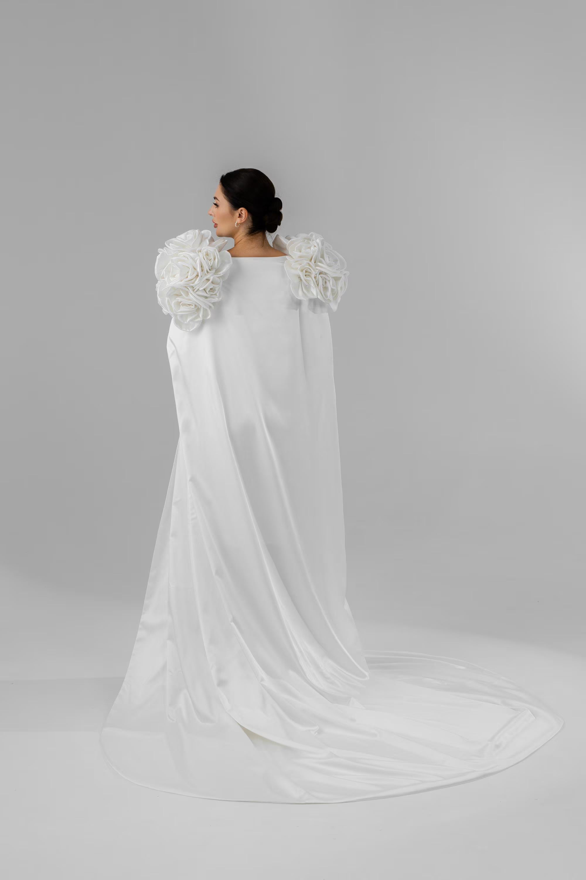 Ivory Chapel-Length Bridal Cape with Statement Flowers
