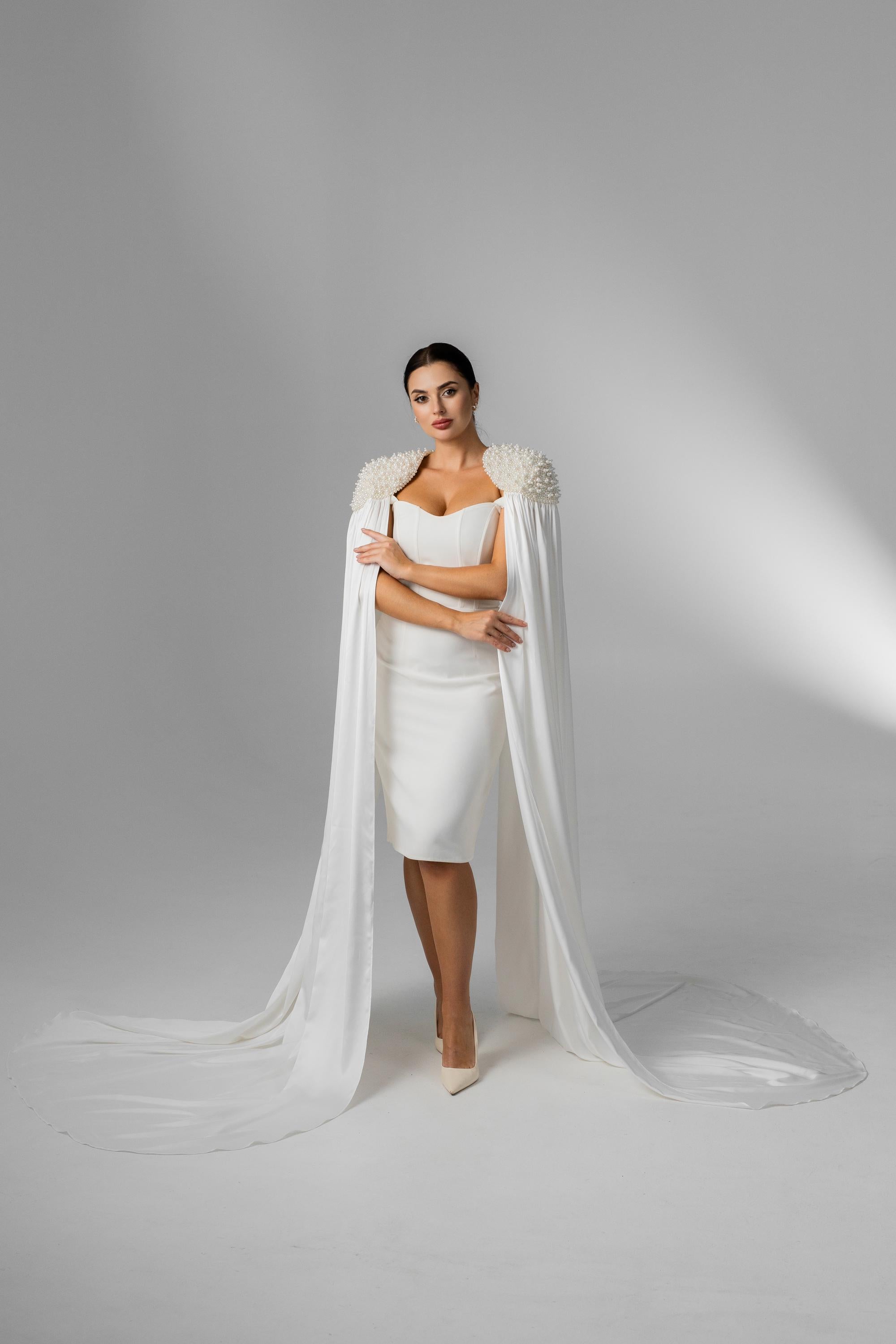 Ivory Floor-Length Bridal Cape with Pearls and Crystals