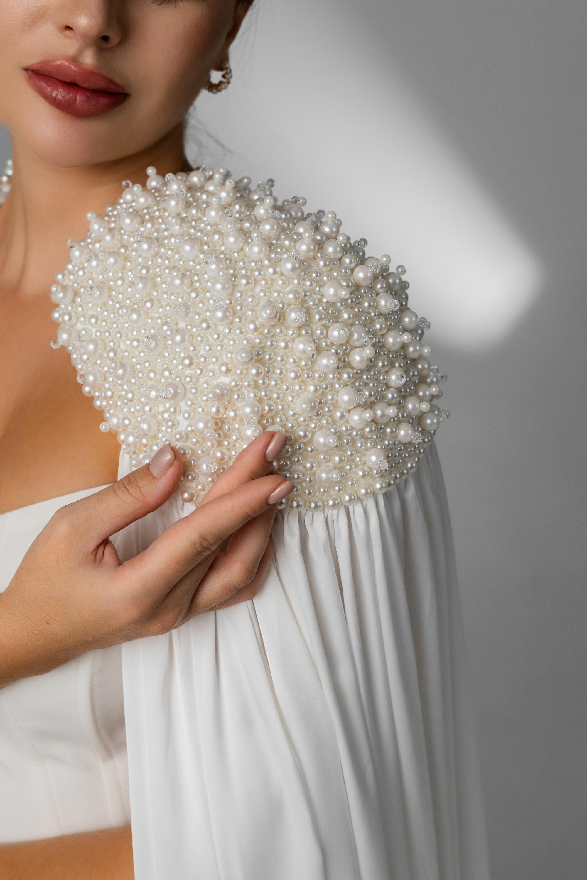 Ivory Floor-Length Bridal Cape with Pearls and Crystals