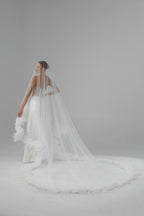 Royal Cathedral Oval Bridal Veil with Peony Flowers and Feathers