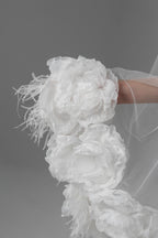 Royal Cathedral Oval Bridal Veil with Peony Flowers and Feathers
