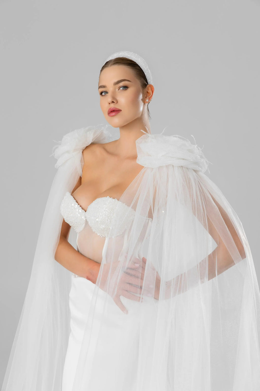 Ivory Floor-Length Bridal Cape with Floral Appliqués, Pearls and Feathers