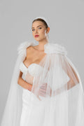 Ivory Floor-Length Bridal Cape with Floral Appliqués, Pearls and Feathers