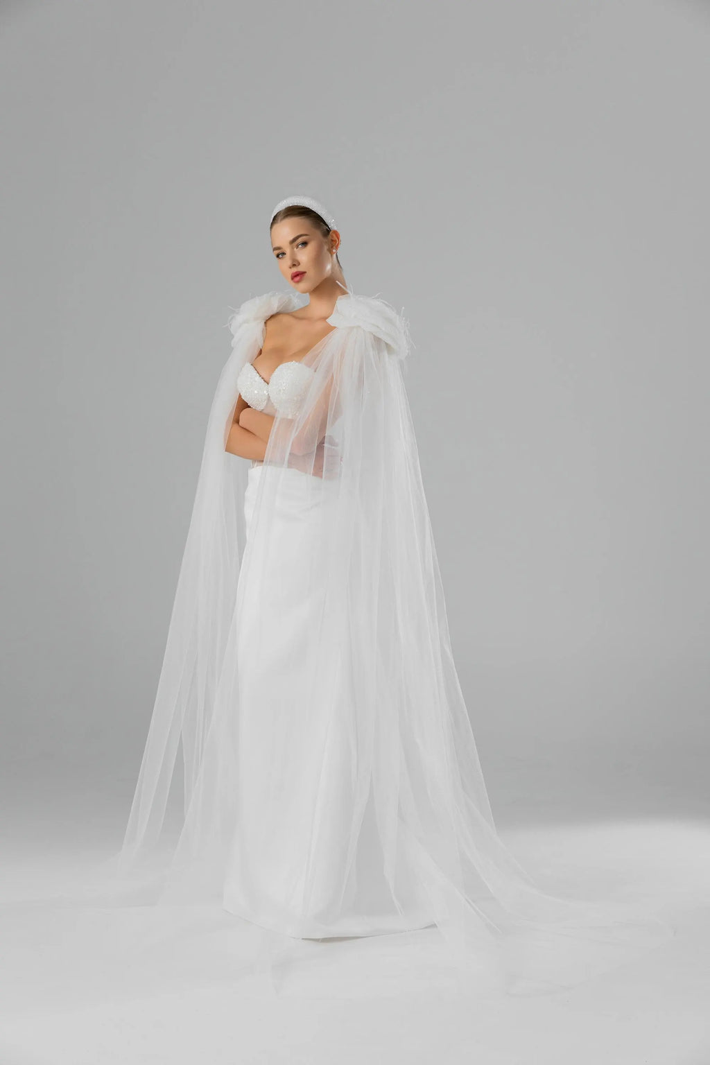 Ivory Floor-Length Bridal Cape with Floral Appliqués, Pearls and Feathers