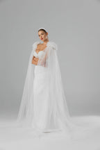 Ivory Floor-Length Bridal Cape with Floral Appliqués, Pearls and Feathers