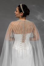 Ivory Chapel-Length Bridal Cape with Pearls