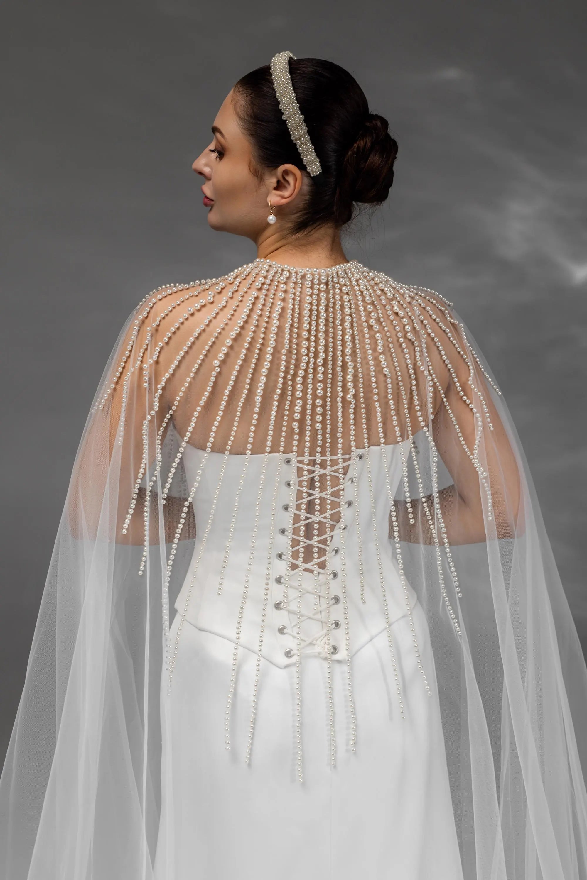 Ivory Chapel-Length Bridal Cape with Pearls