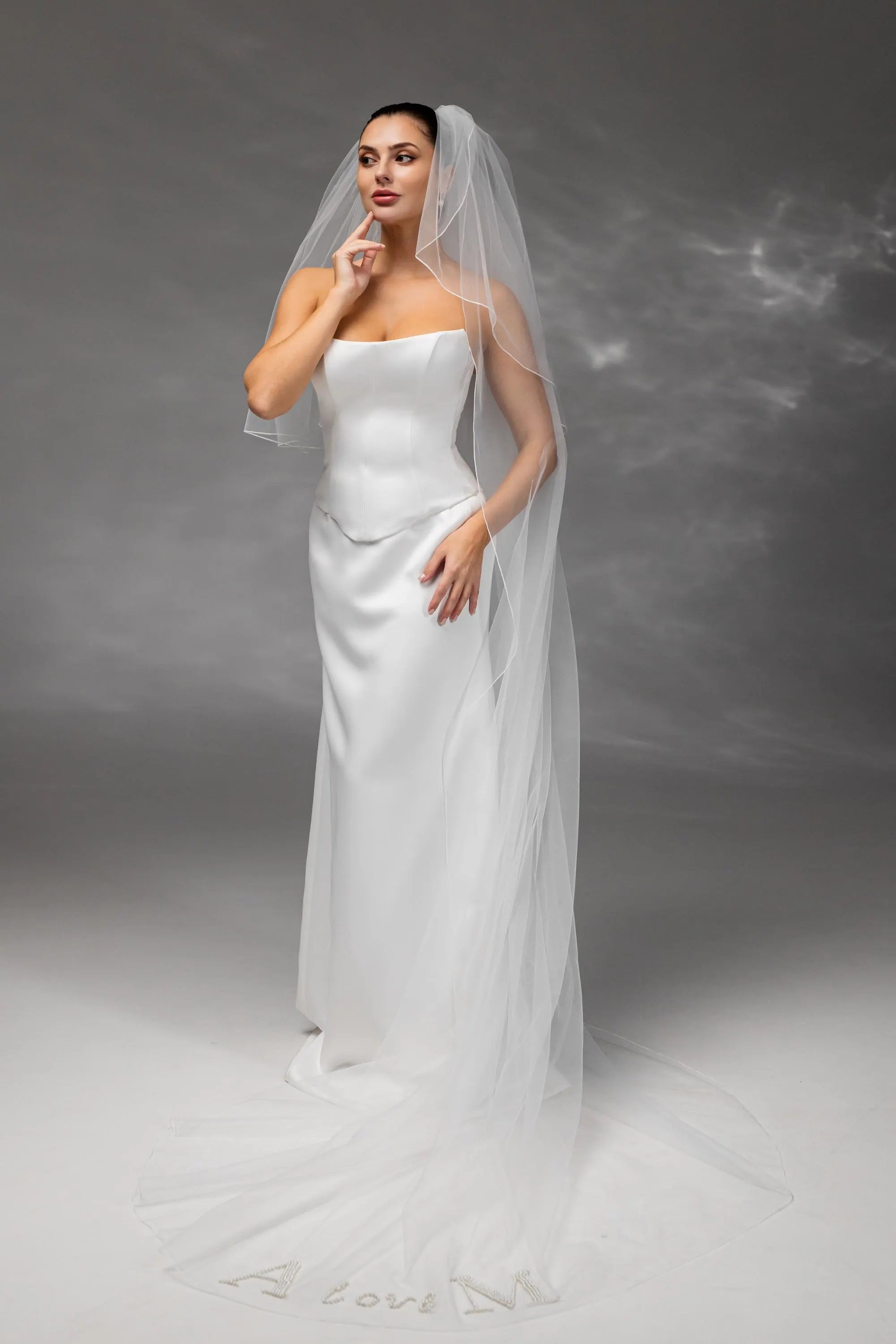 Personalized Ivory Chapel-Length Bridal Veil with Hand Embroidery