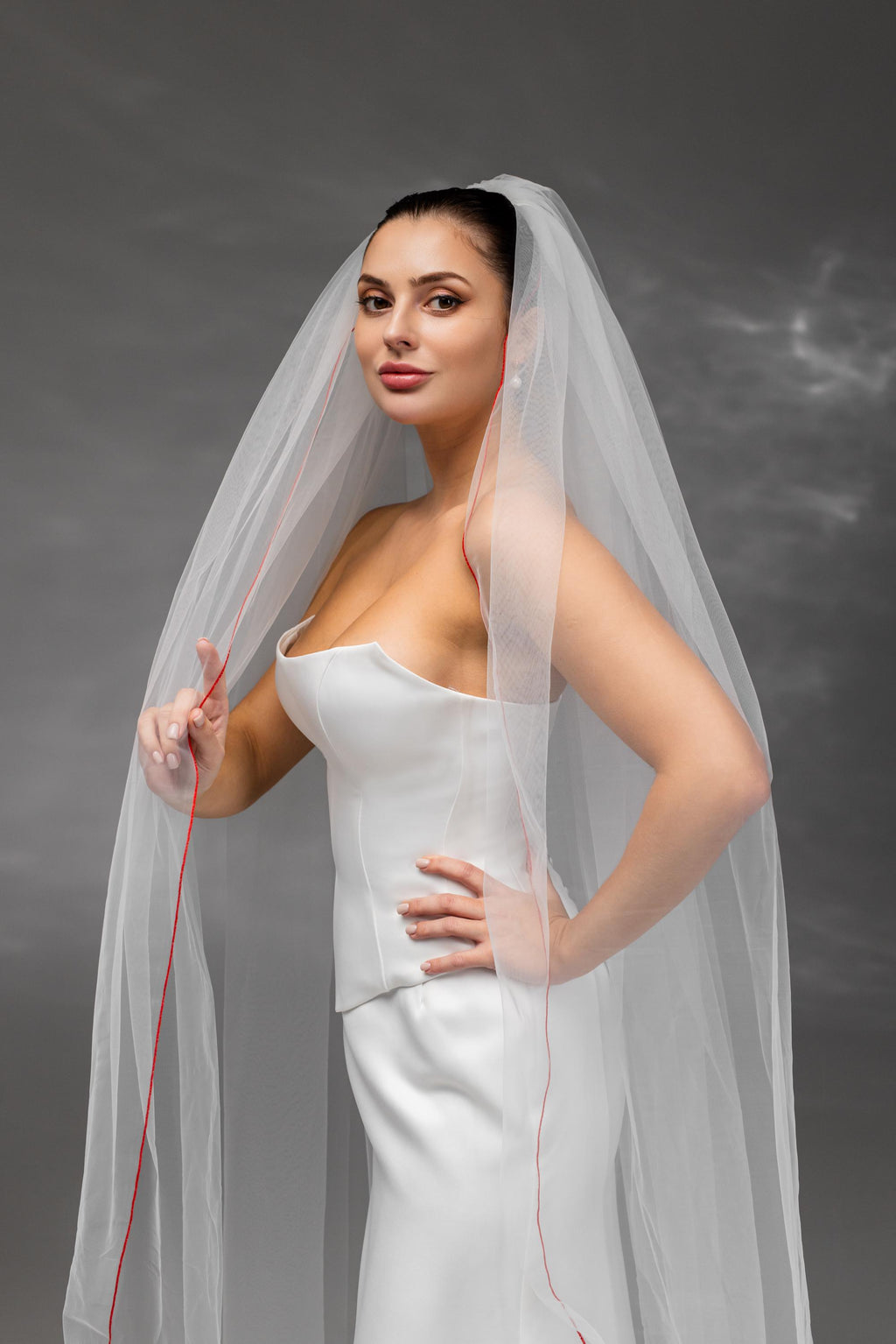 Ivory Waltz-Length Bridal Veil with Red Pencil Edge Trim