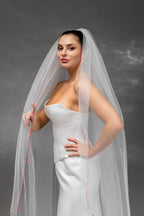 Ivory Waltz-Length Bridal Veil with Red Pencil Edge Trim