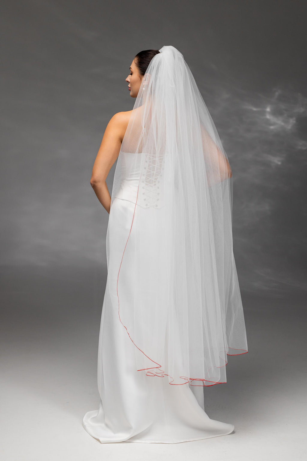 Ivory Waltz-Length Bridal Veil with Red Pencil Edge Trim