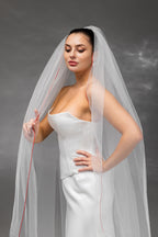 Ivory Waltz-Length Bridal Veil with Red Pencil Edge Trim