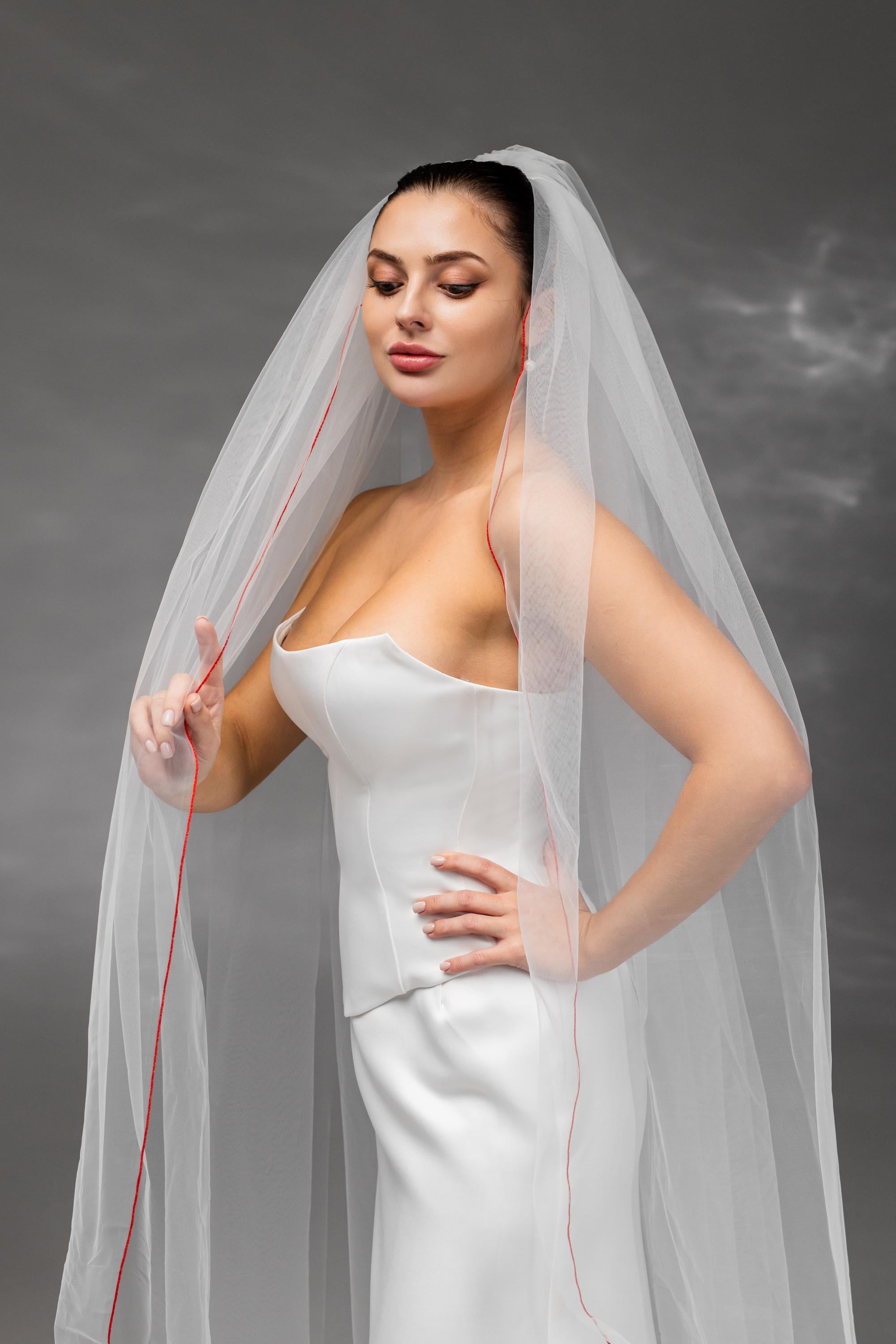 Ivory Waltz-Length Bridal Veil with Red Pencil Edge Trim