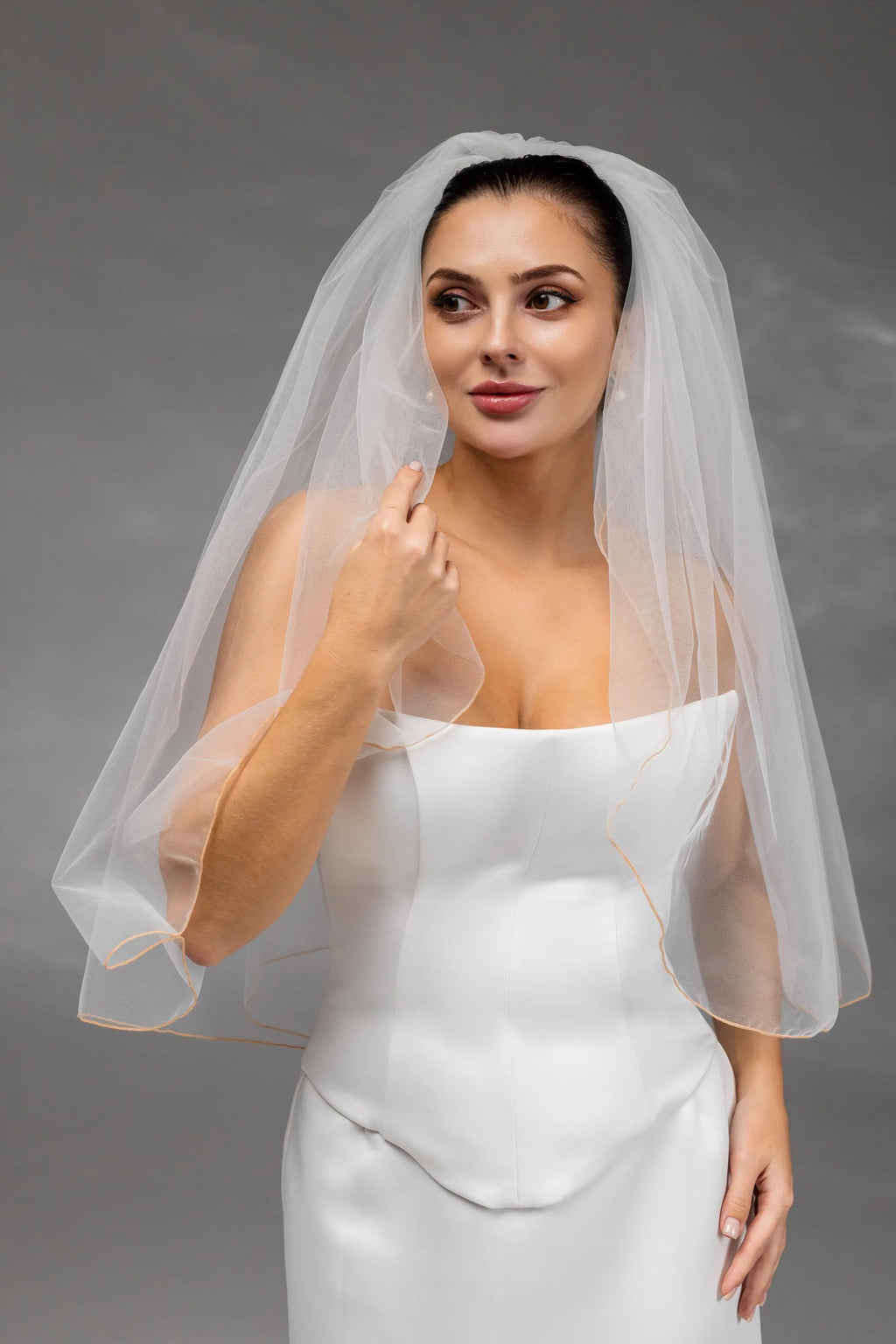 Ivory Waist-Length Bridal Veil with Orange Pencil Edge Trim