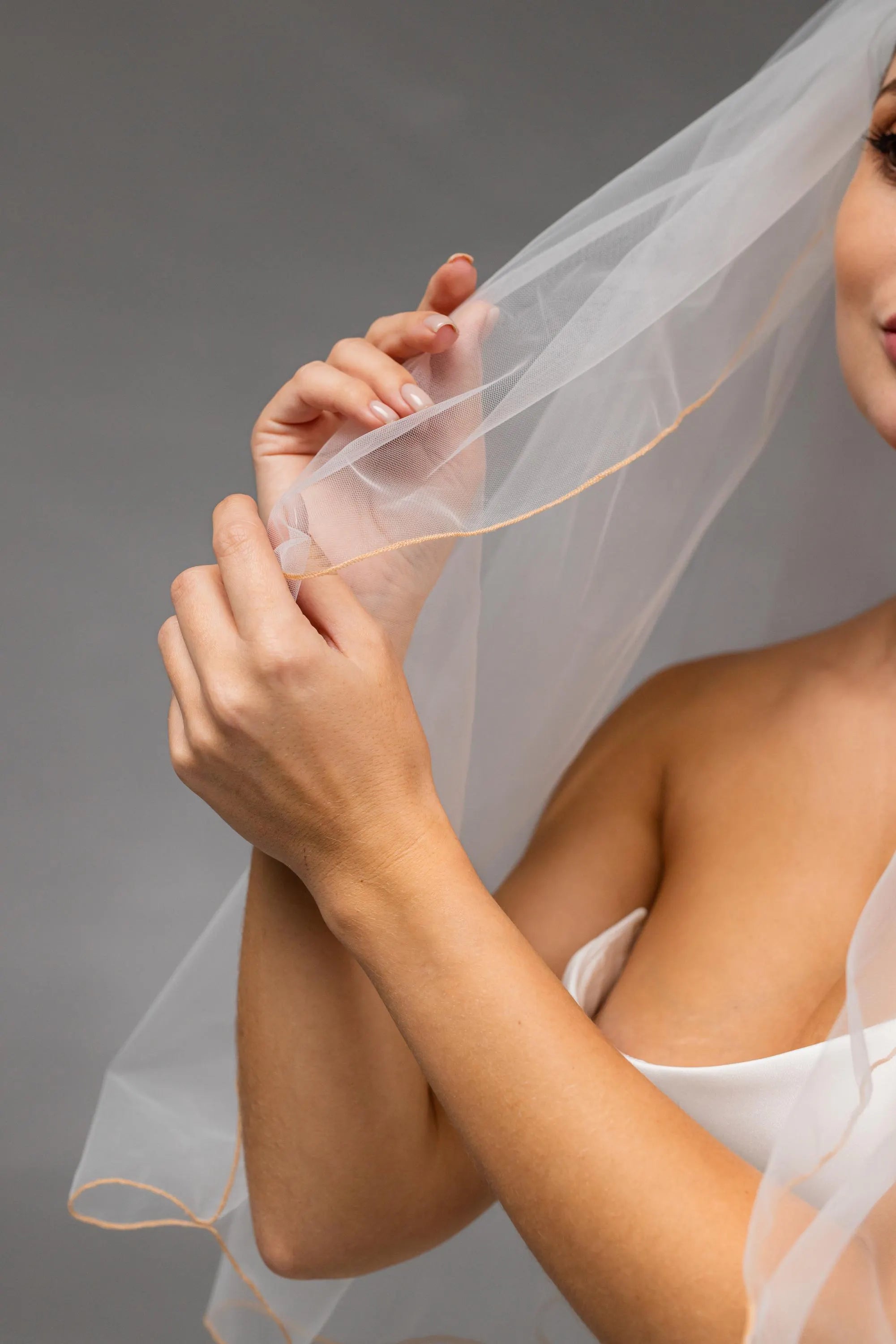 Ivory Waist-Length Bridal Veil with Orange Pencil Edge Trim