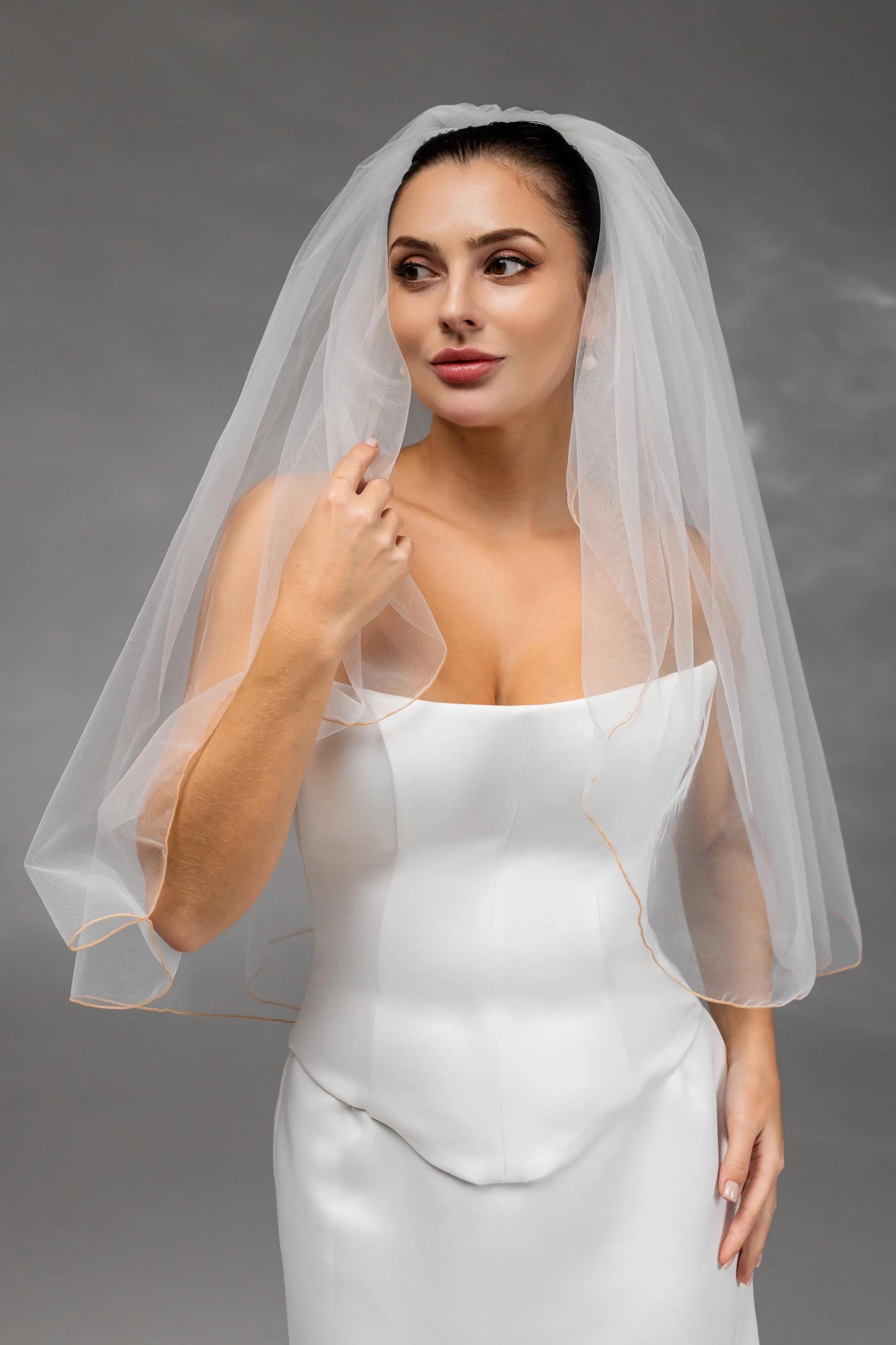 Ivory Waist-Length Bridal Veil with Orange Pencil Edge Trim