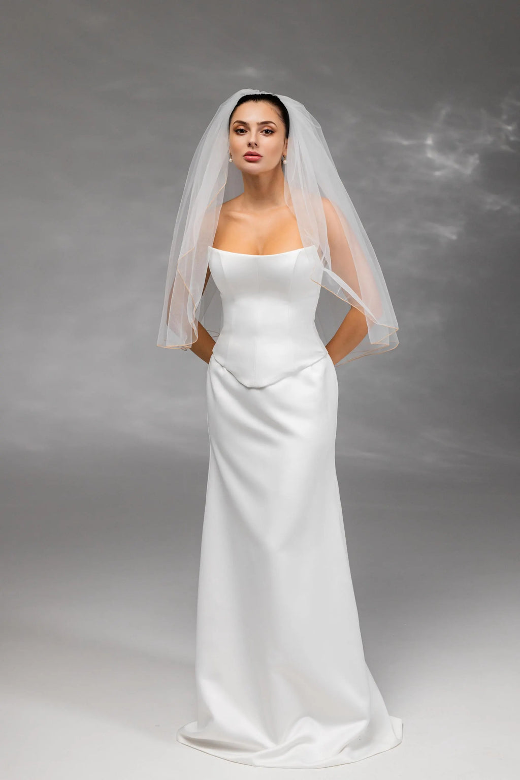 Ivory Waist-Length Bridal Veil with Orange Pencil Edge Trim