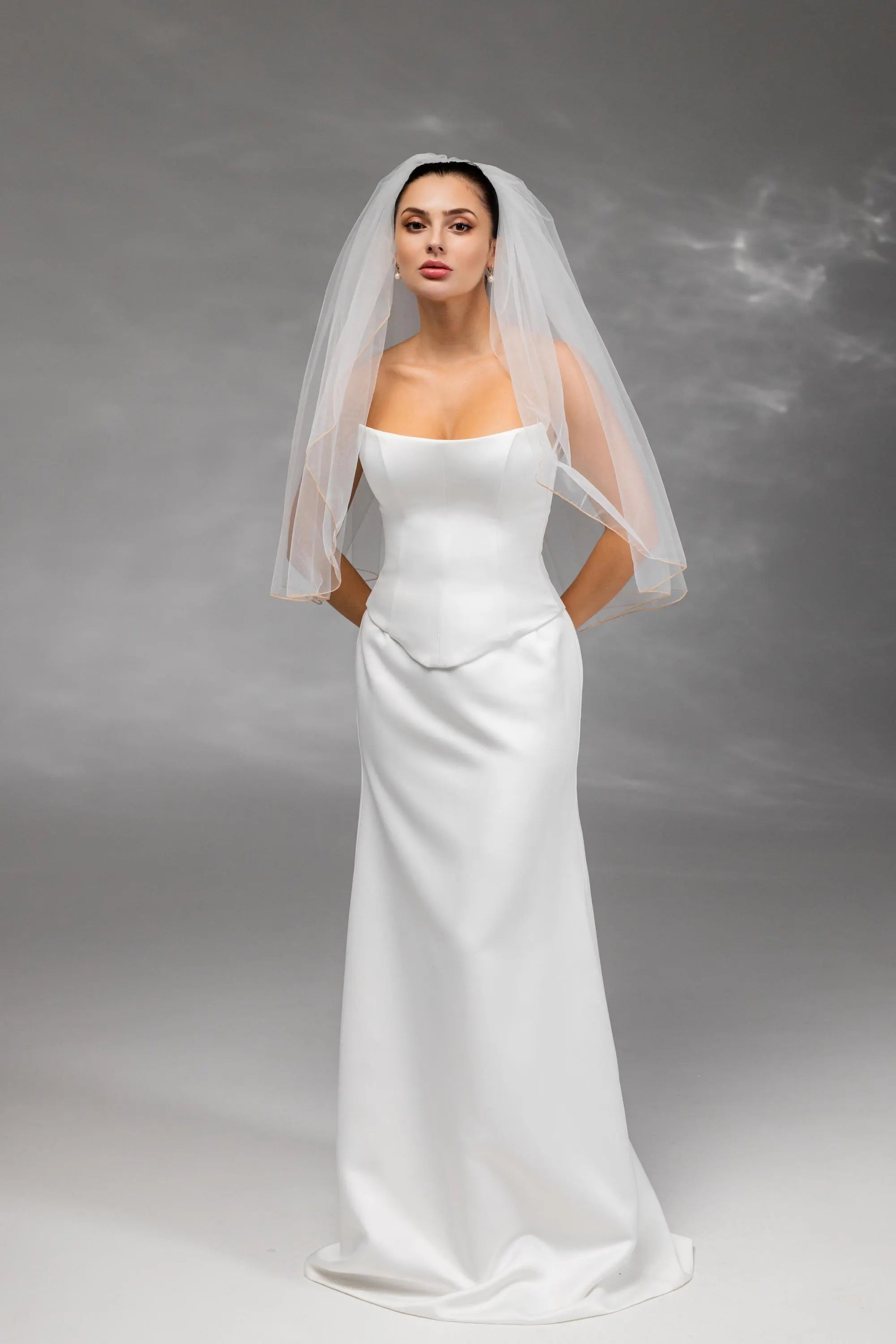 Ivory Waist-Length Bridal Veil with Orange Pencil Edge Trim