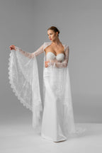 Milky  Chantilly Lace Bridal Cape with Snap Buttons
