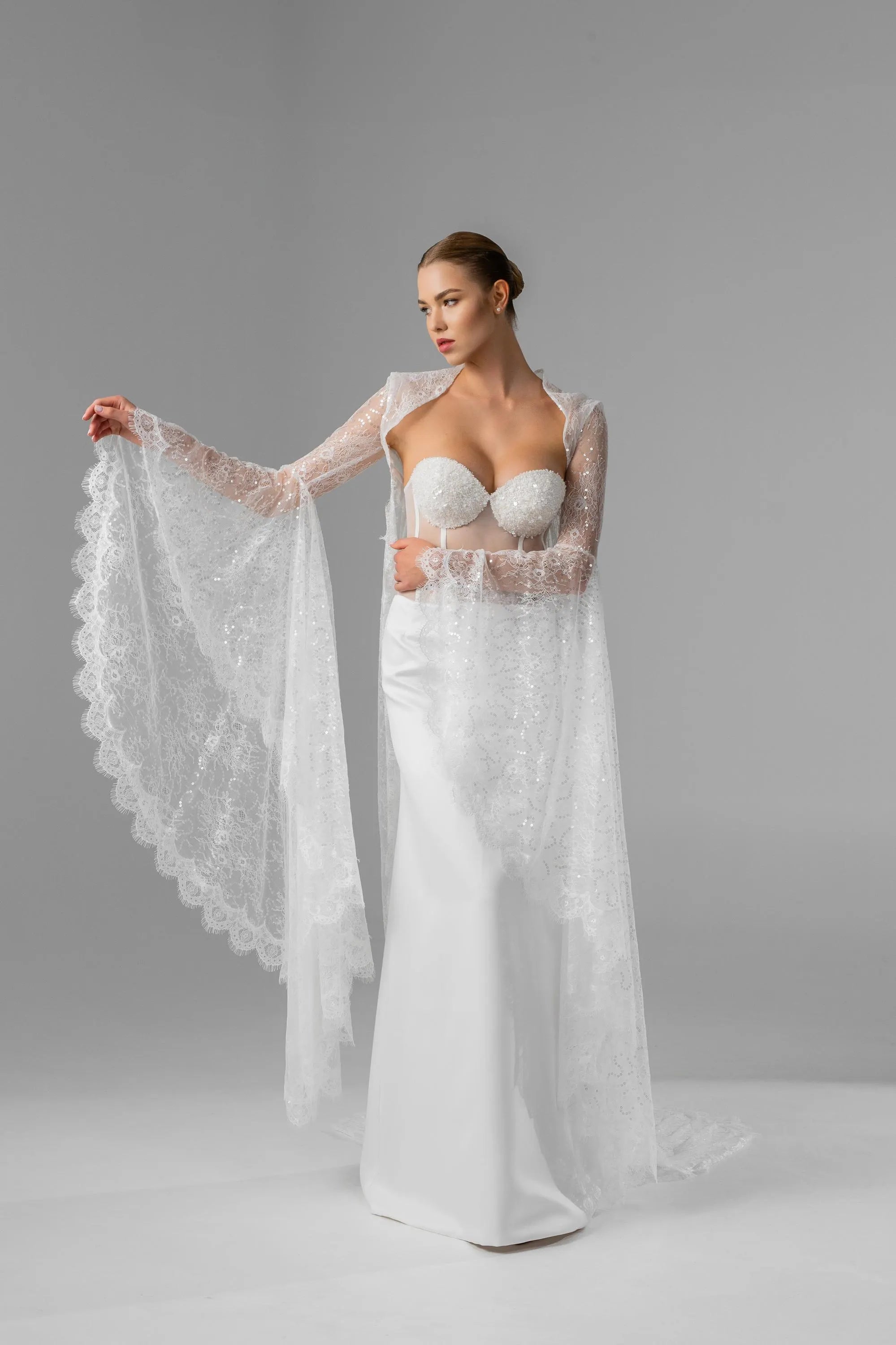 Milky  Chantilly Lace Bridal Cape with Snap Buttons