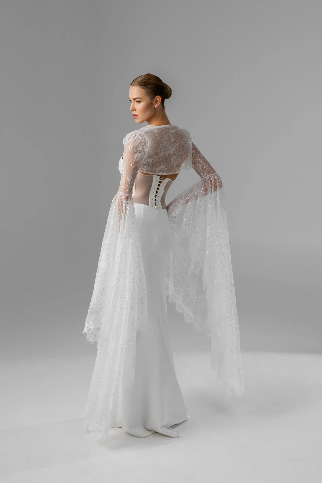 Milky  Chantilly Lace Bridal Cape with Snap Buttons
