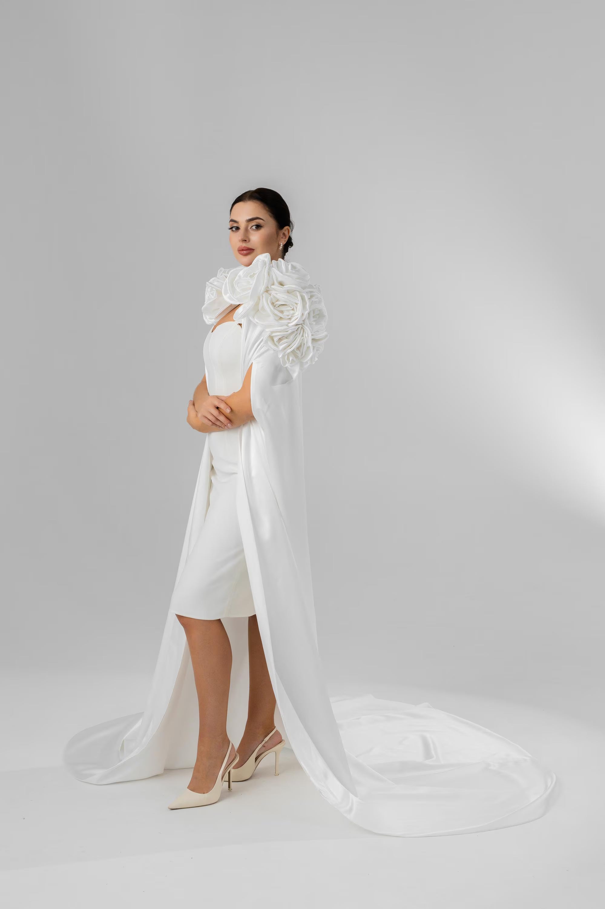 Ivory Chapel-Length Bridal Cape with Statement Flowers