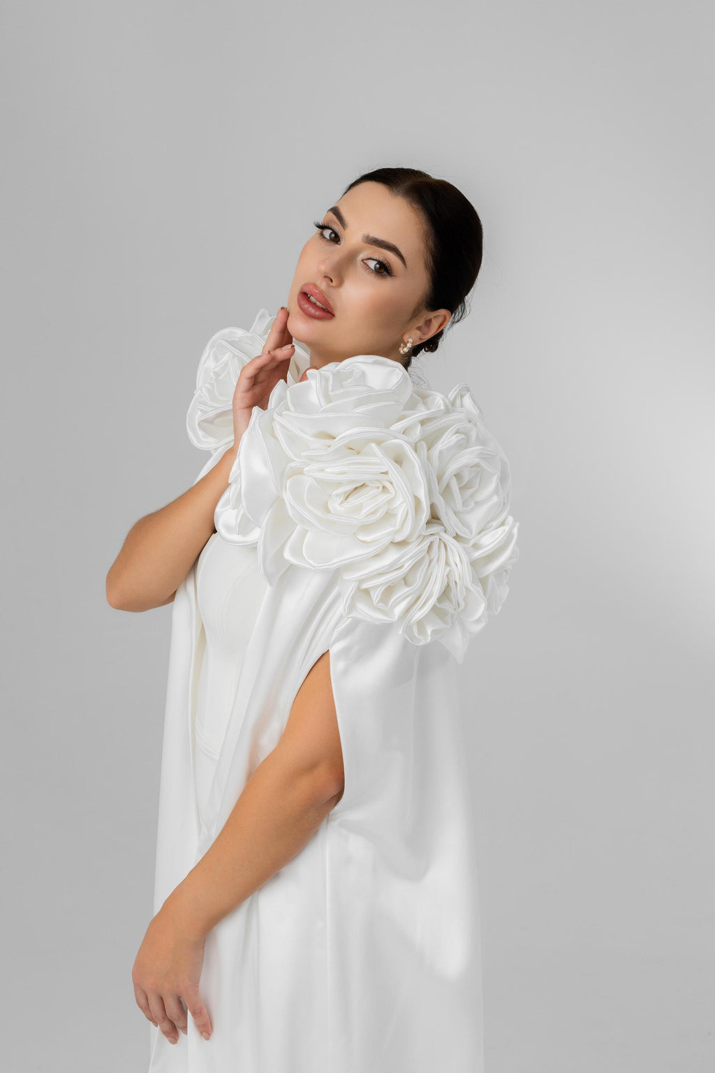Ivory Chapel-Length Bridal Cape with Statement Flowers