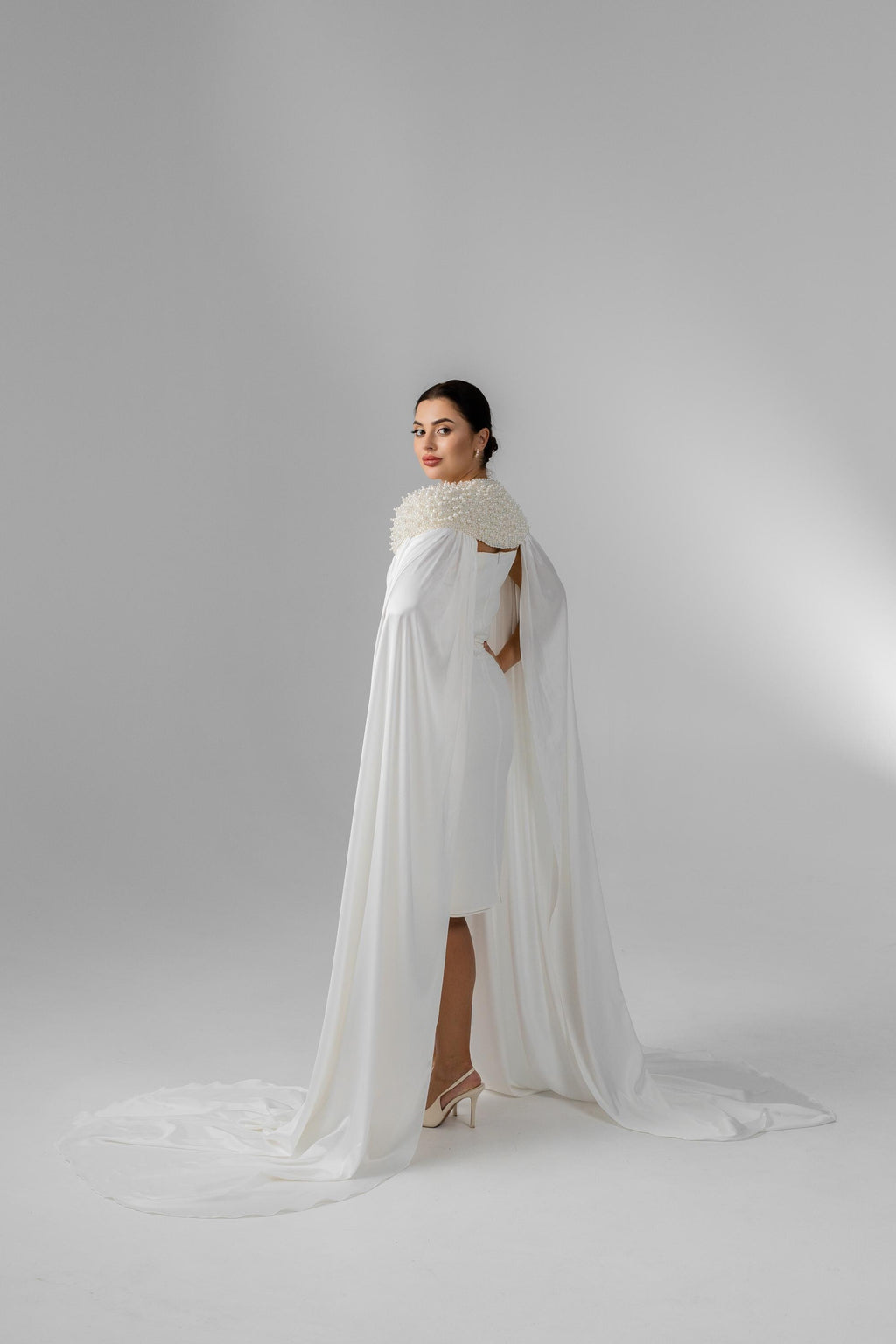 Ivory Floor-Length Bridal Cape with Pearls and Crystals