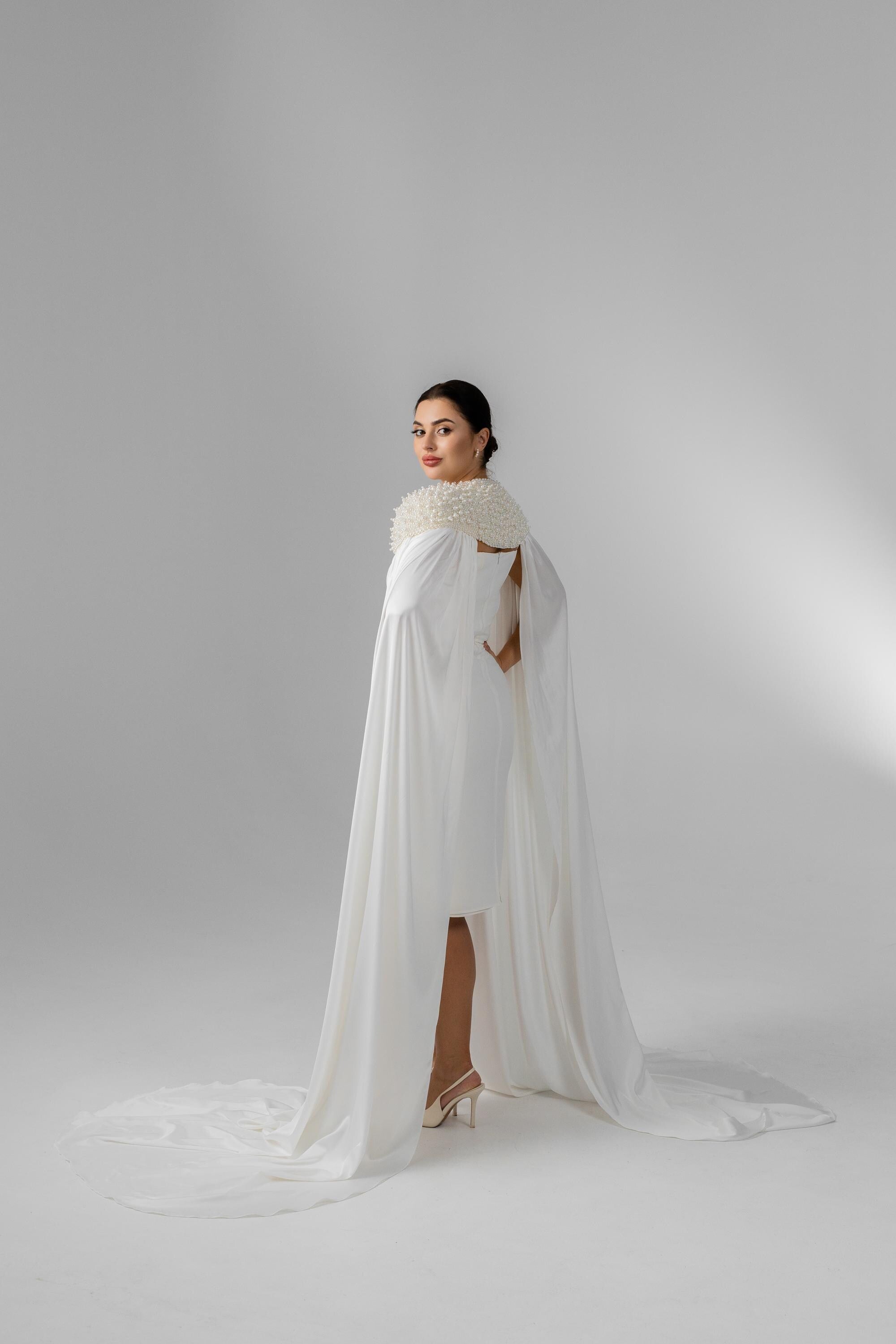 Ivory Floor-Length Bridal Cape with Pearls and Crystals