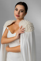 Ivory Floor-Length Bridal Cape with Pearls and Crystals