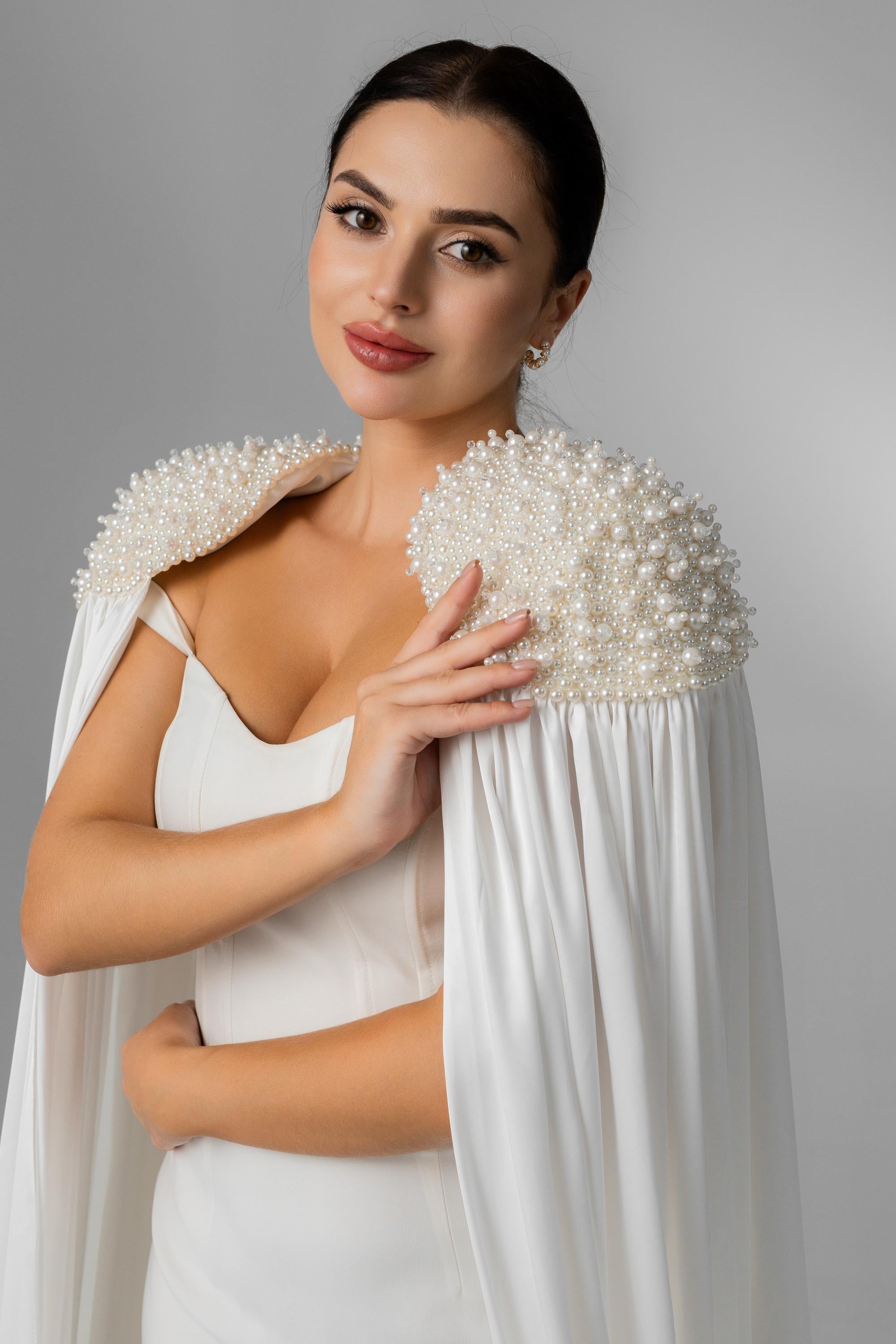 Ivory Floor-Length Bridal Cape with Pearls and Crystals