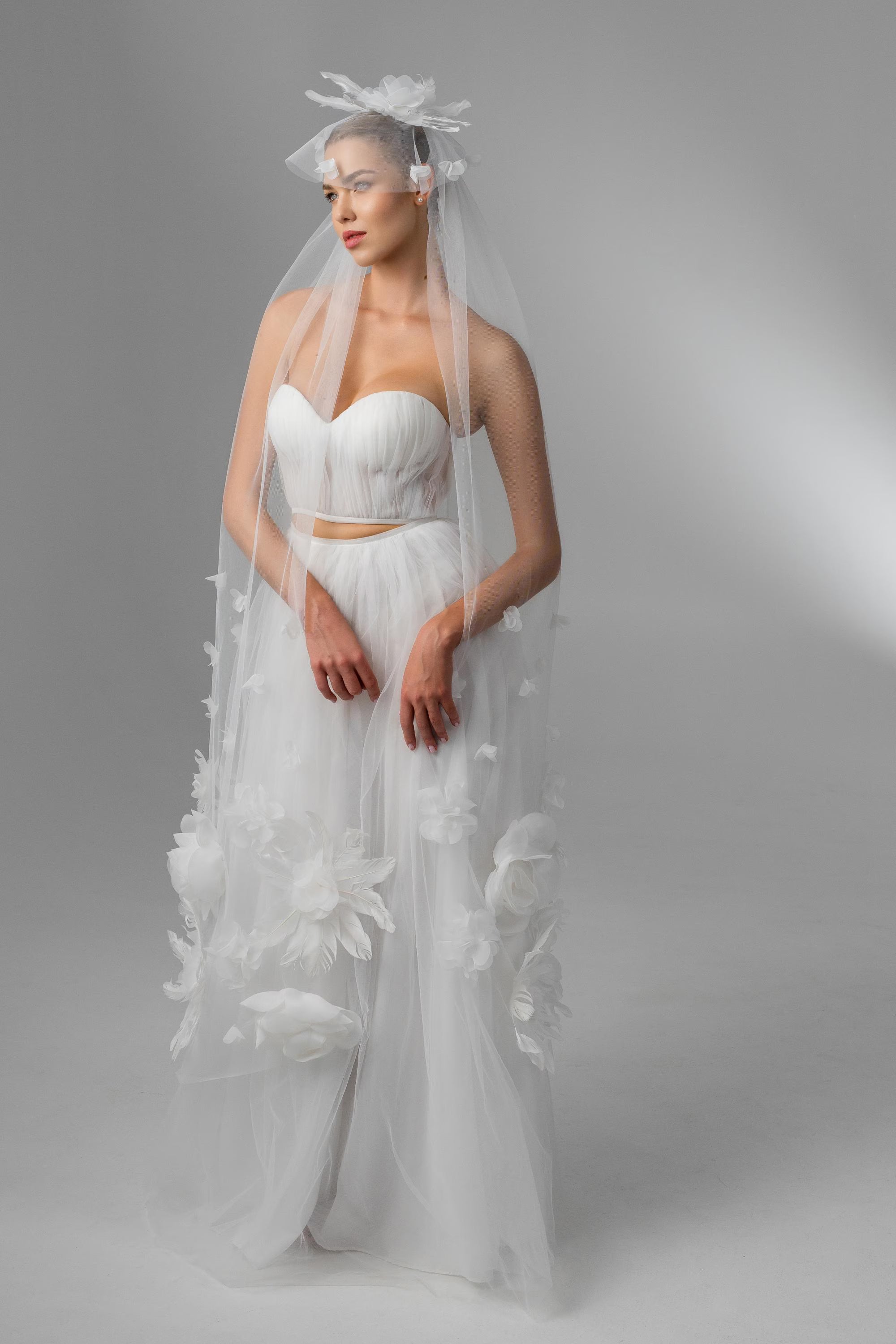 Ivory Ballet-Length Bridal Veil with Delicate Floral Appliqués