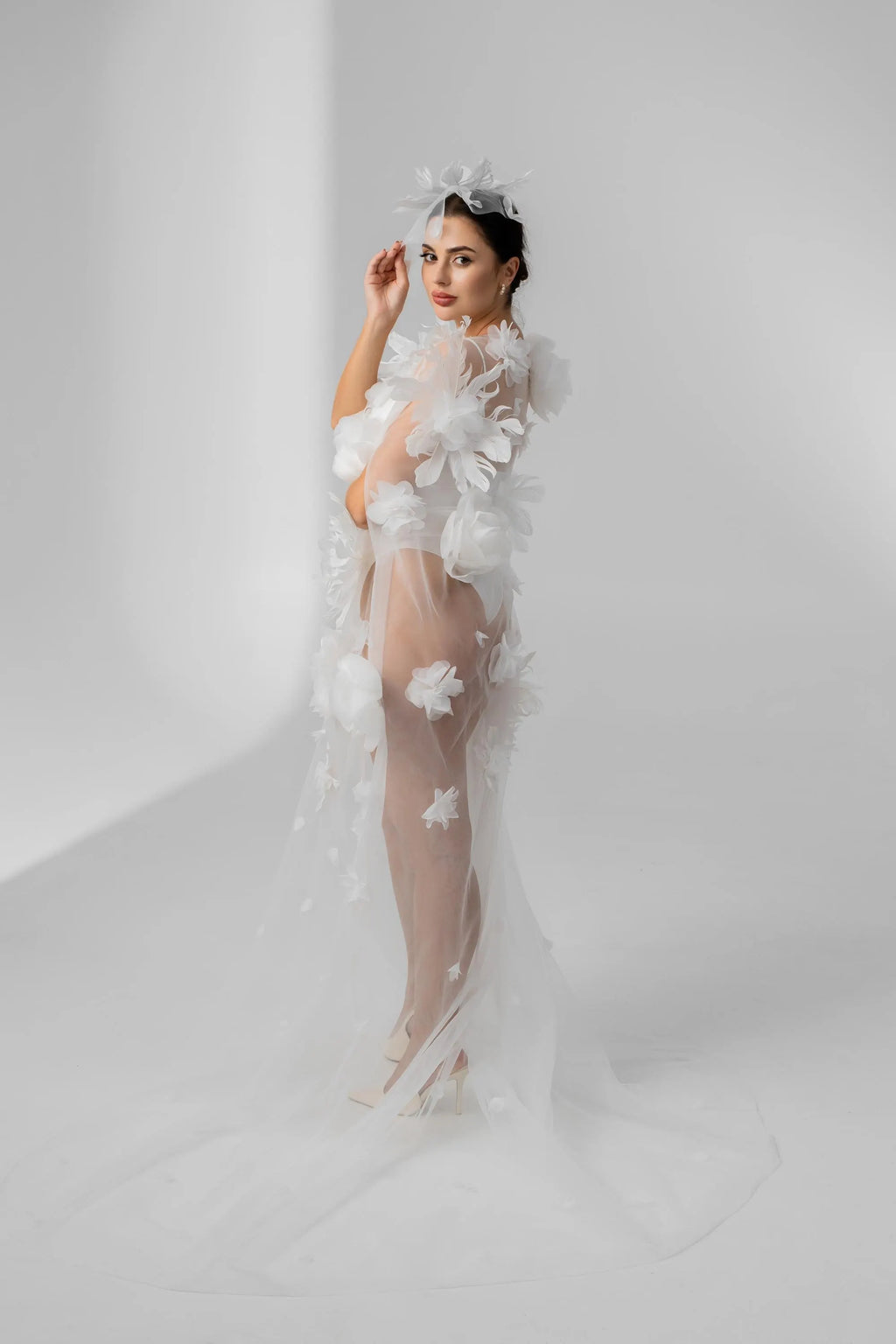 Ivory Chapel-Length Bridal Cape with Floral Details