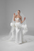 Royal Cathedral Oval Bridal Veil with Peony Flowers and Feathers