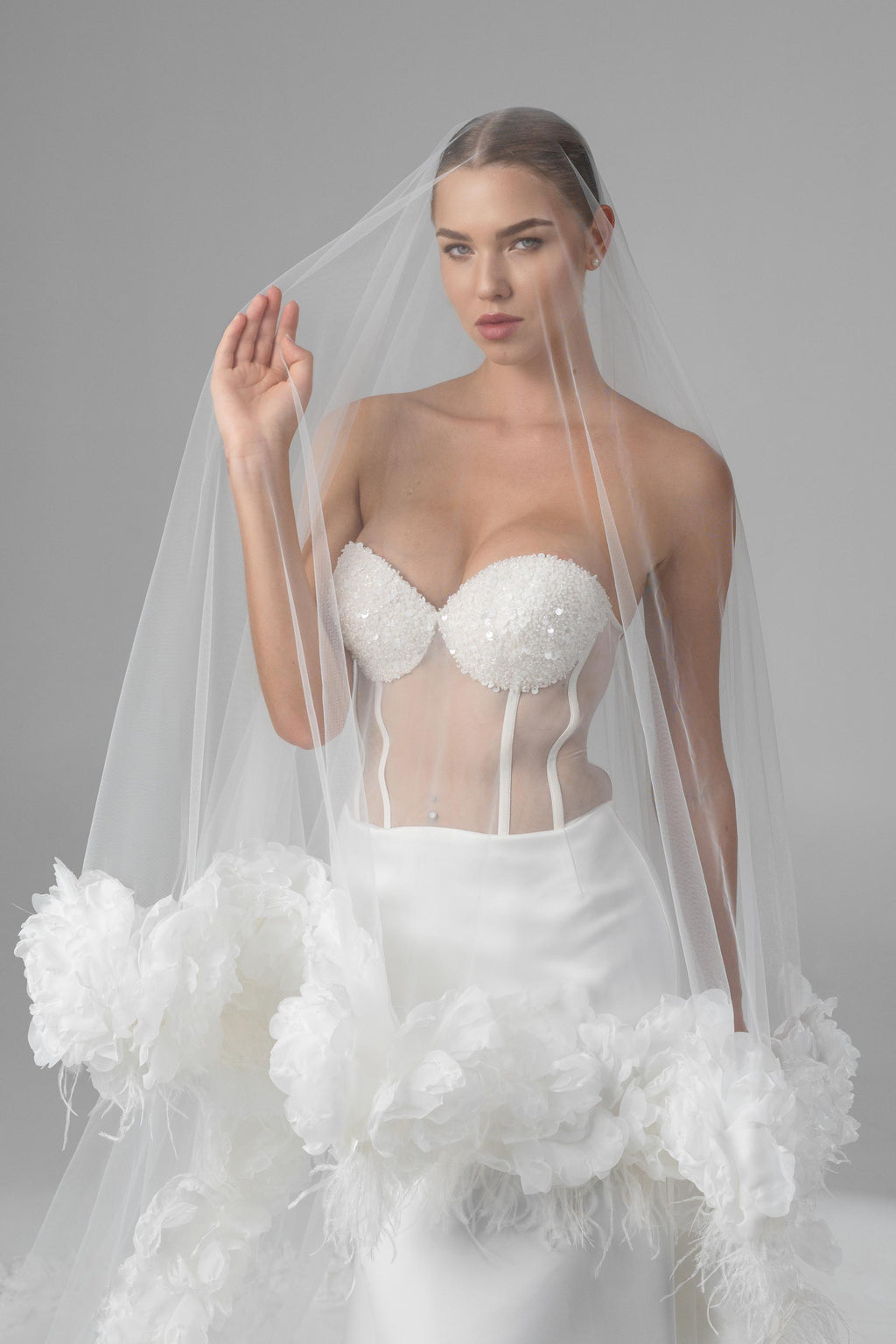 Royal Cathedral Oval Bridal Veil with Peony Flowers and Feathers
