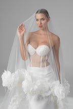 Royal Cathedral Oval Bridal Veil with Peony Flowers and Feathers