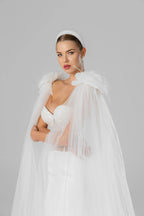 Ivory Floor-Length Bridal Cape with Floral Appliqués, Pearls and Feathers