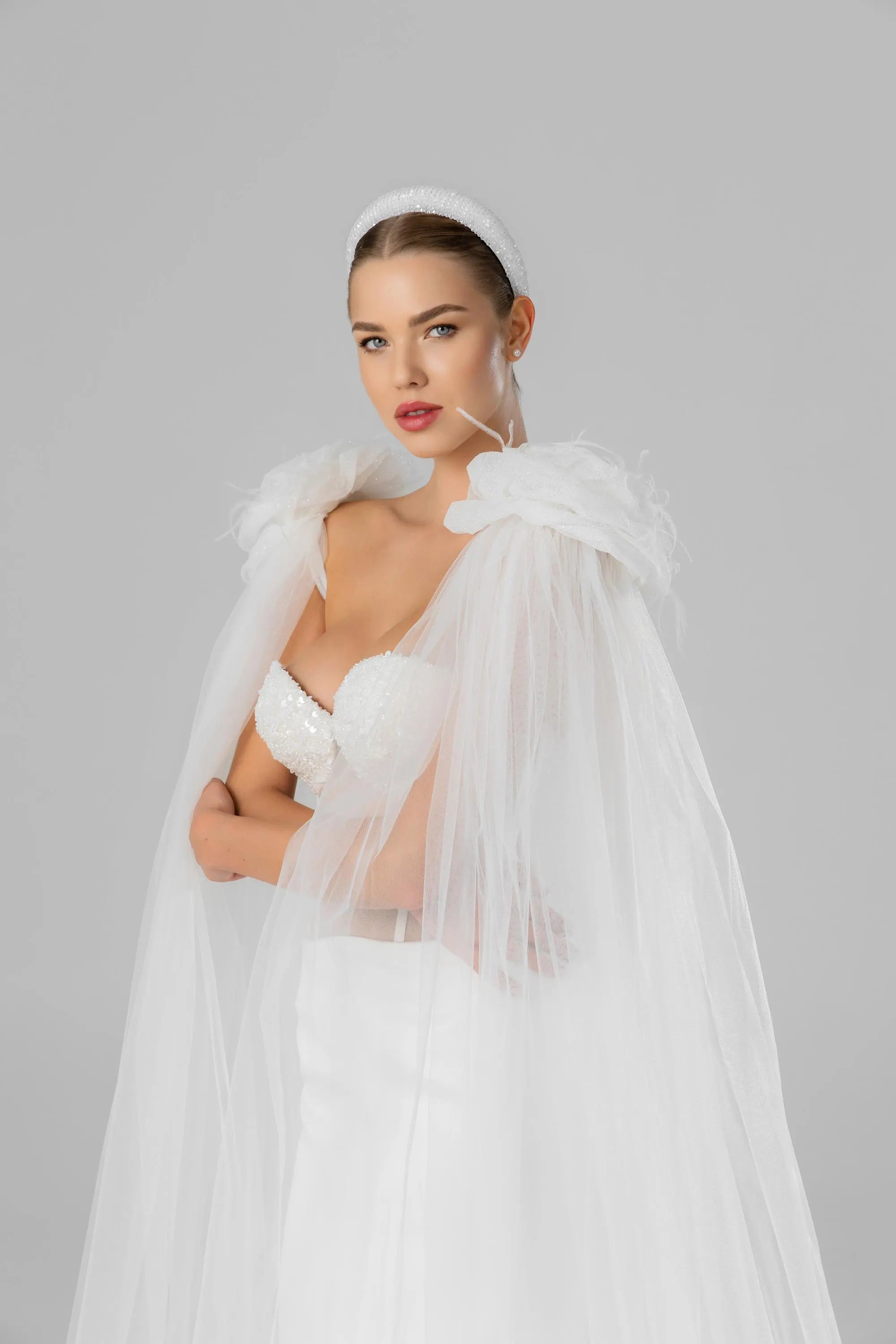 Ivory Floor-Length Bridal Cape with Floral Appliqués, Pearls and Feathers