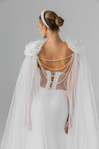 Ivory Floor-Length Bridal Cape with Floral Appliqués, Pearls and Feathers