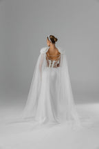 Ivory Floor-Length Bridal Cape with Floral Appliqués, Pearls and Feathers